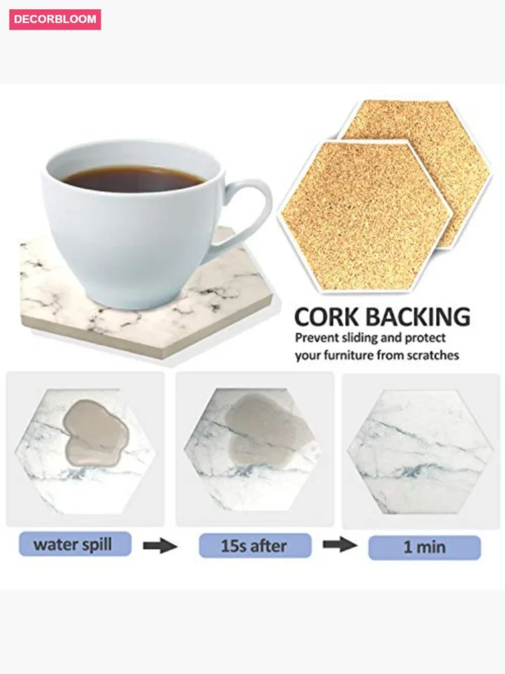 Ceramic Coaster Set of 8 with Metal Holder, Cork Base, Absorbent